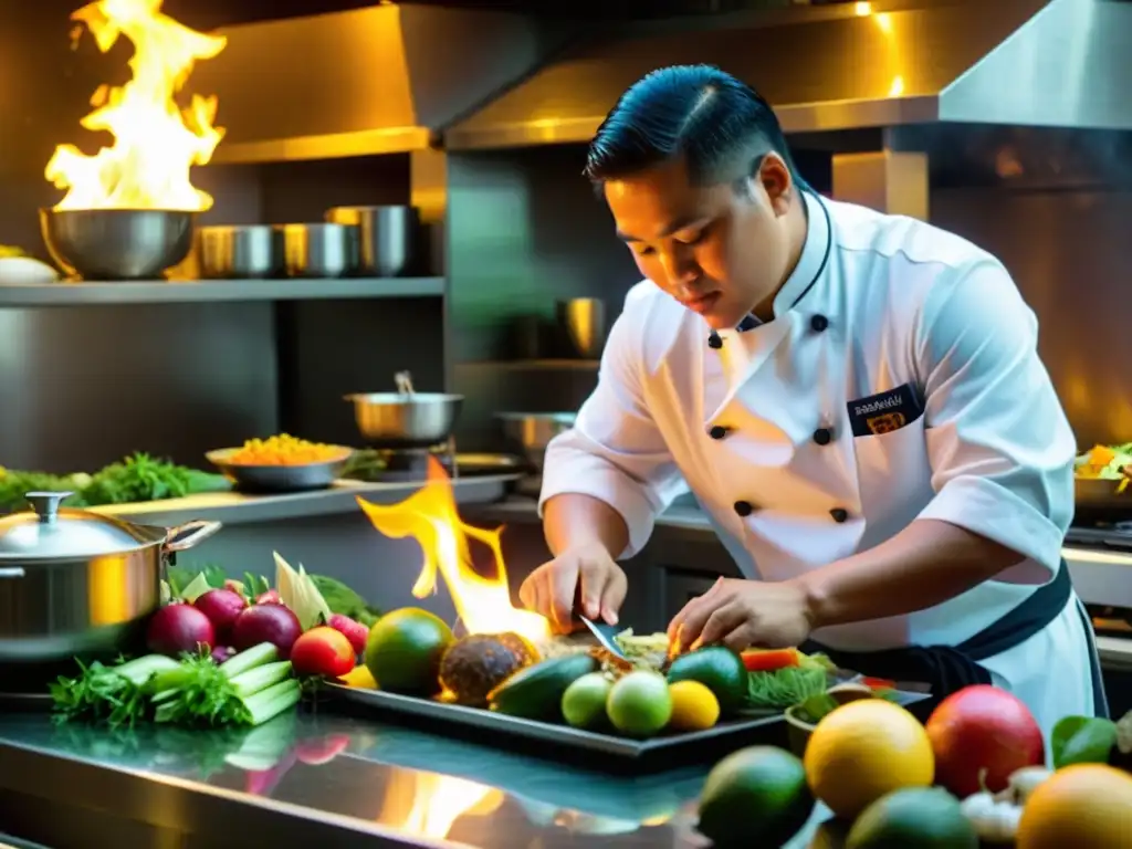 Un chef prepara platos filipinos con maestría en una cocina tradicional, rodeado de ingredientes frescos