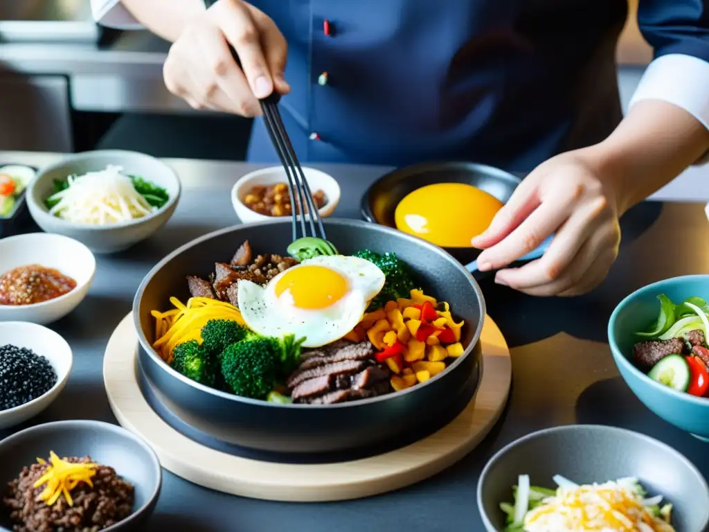 Un chef hábil prepara con precisión un delicioso bibimbap coreano en una cocina bulliciosa