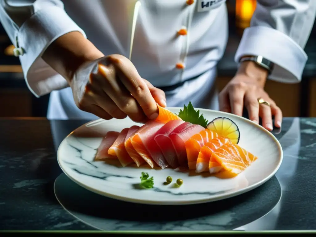 Un chef coloca con precisión finas rodajas de sashimi en un plato blanco, reflejando la tendencia en la cocina asiática contemporánea