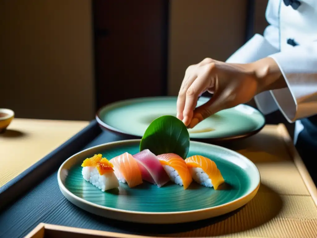 Un chef prepara con precisión un menú kaiseki en un restaurante sereno