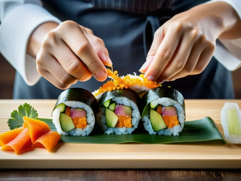 Un chef hábil crea con precisión un rollo de sushi delicado, reflejando la influencia del arte culinario asiático