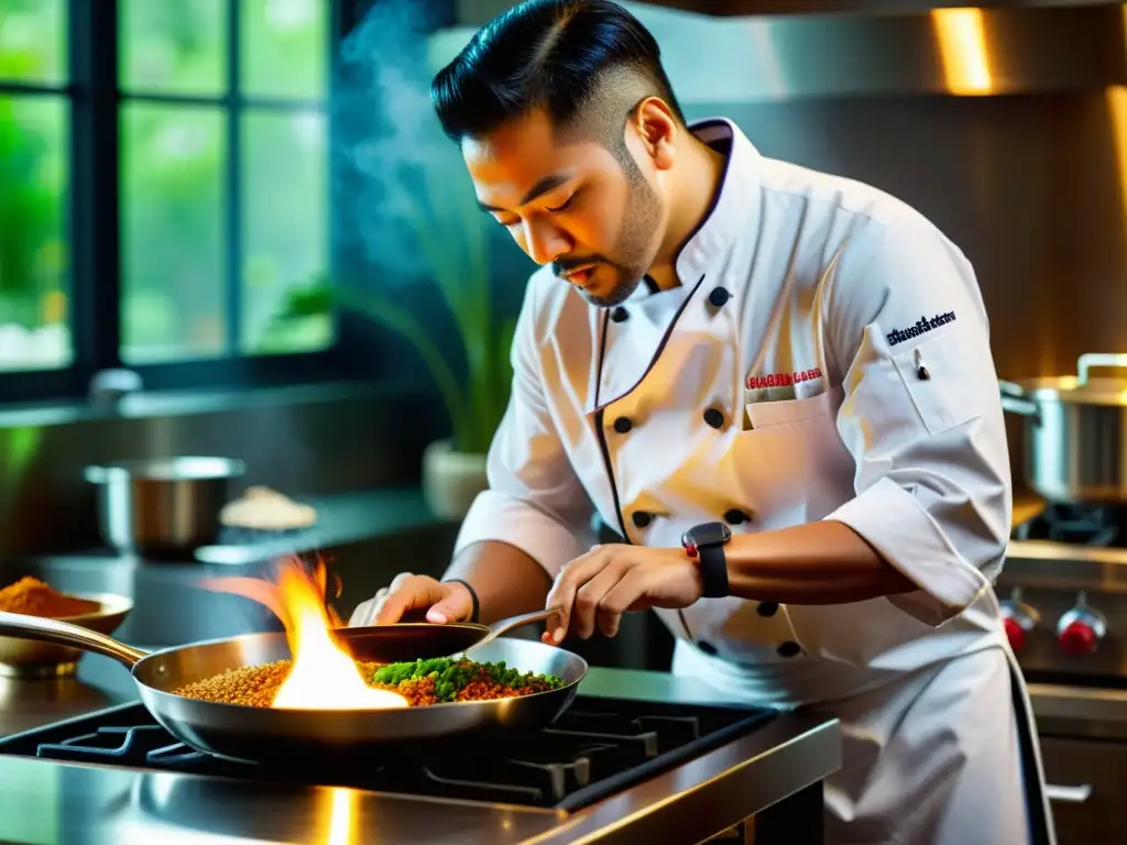 Un chef profesional incorpora especias asiáticas a platos occidentales en una cocina moderna, creando una atmósfera de artesanía culinaria