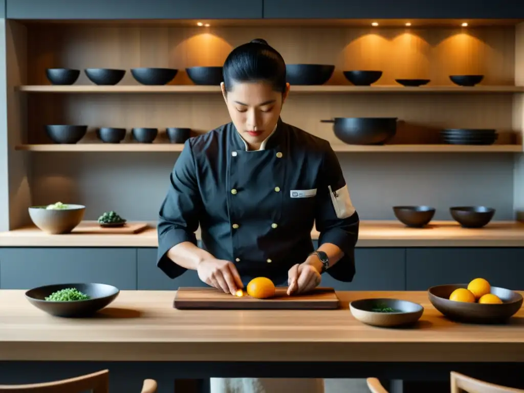 Un chef zen prepara una receta ancestral en una cocina serena y minimalista con ambiente contemplativo