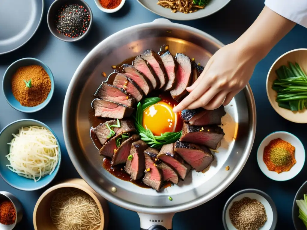 Chef preparando la receta del marinado perfecto para carne bulgogi en una cocina tradicional coreana, rodeado de especias y colores vibrantes