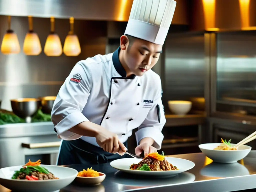 Un chef renombrado prepara con precisión un plato de cocina mongola de lujo en una cocina contemporánea y lujosa