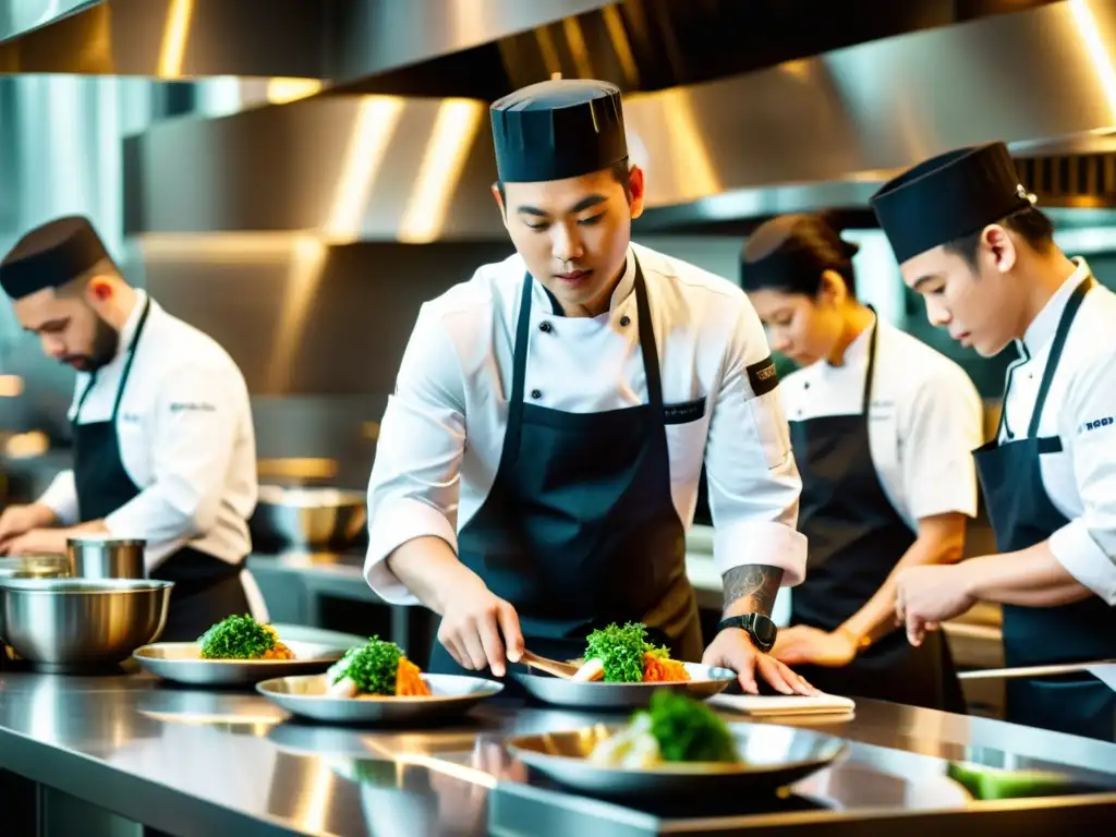 Un chef de renombre prepara una innovadora obra culinaria en una cocina de autor en Asia, rodeado de un equipo enfocado y experto