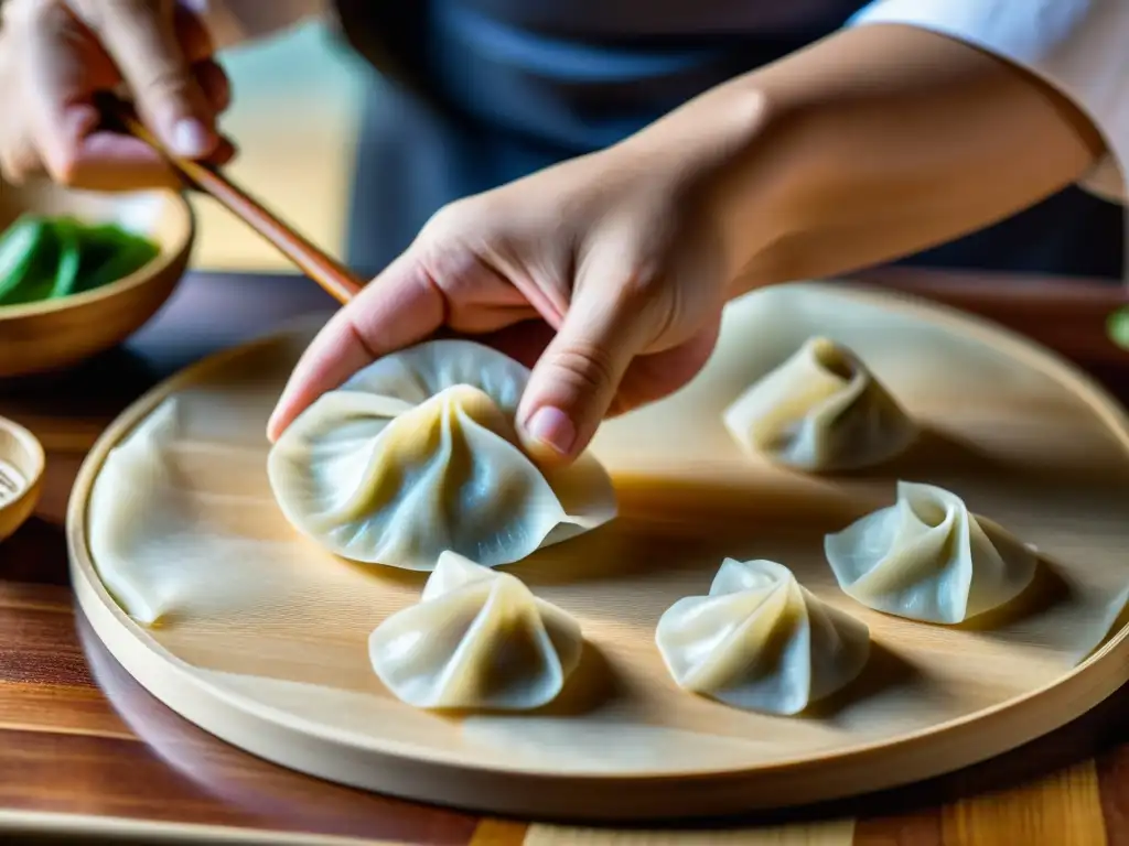 Chef de renombre preservando tradiciones culinarias al hacer dumplings con delicadeza y precisión en una mesa de madera, bajo la cálida luz natural