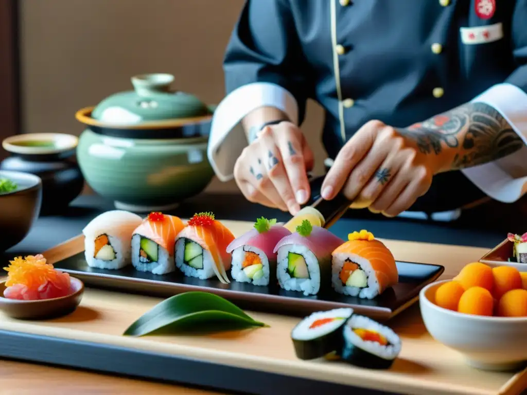 Un chef de renombre preserva tradiciones culinarias al delicadamente arreglar piezas de sushi vibrantes en un plato japonés