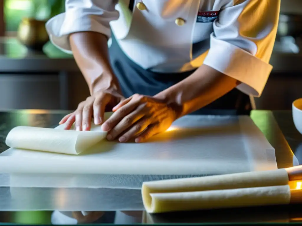 Un chef de renombre preservando tradiciones culinarias, delicadamente enrollando papel de arroz en una cocina tradicional