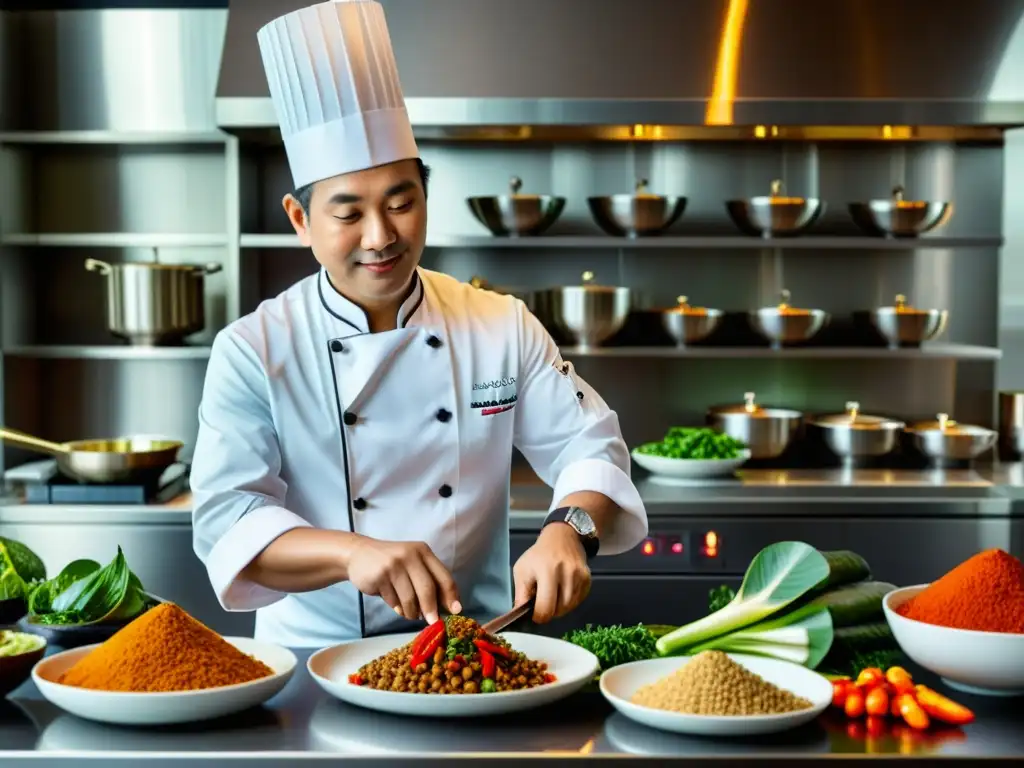 Un chef de renombre preservando tradiciones culinarias en un moderno entorno, fusionando técnicas ancestrales con prácticas culinarias de vanguardia