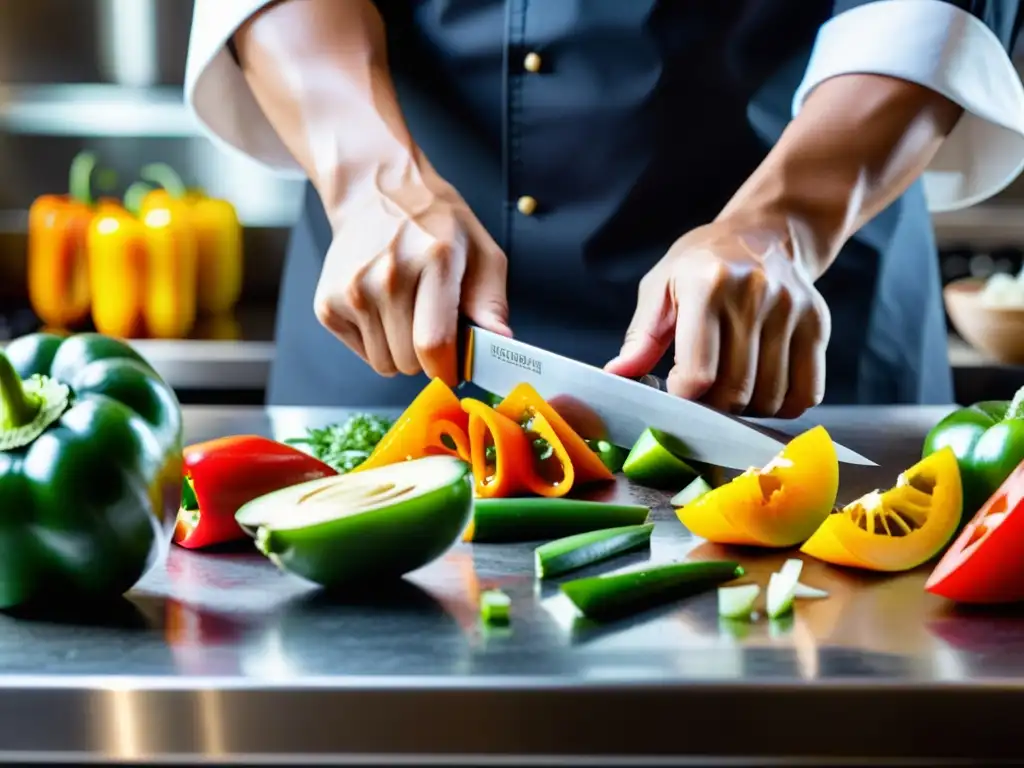 Chef de renombre preservando tradiciones culinarias, expertamente cortando ingredientes frescos en una vibrante escena culinaria asiática