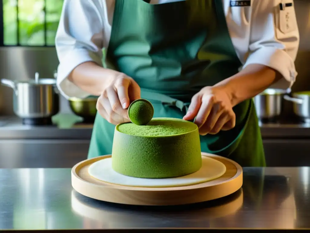 Un chef de repostería experto prepara con dedicación un pastel de matcha, mostrando la influencia asiática en postres occidentales