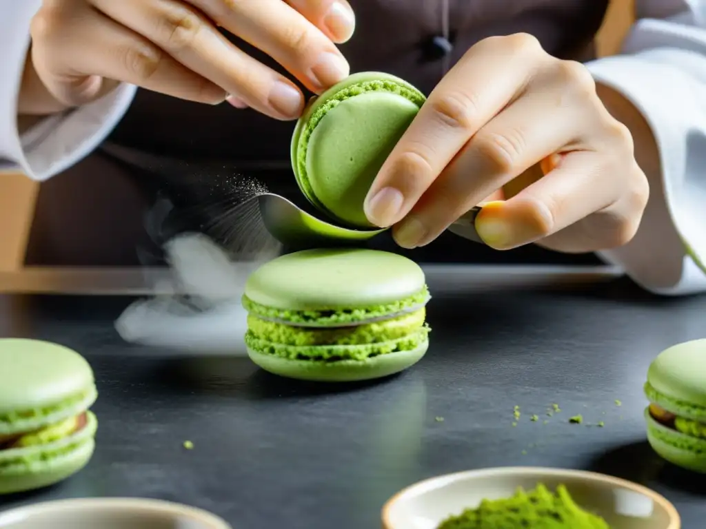 Un chef de repostería crea con precisión un macaron francés, fusionando sabores orientales y occidentales con ingredientes como polvo de matcha y vainilla, destacando la influencia asiática en postres occidentales