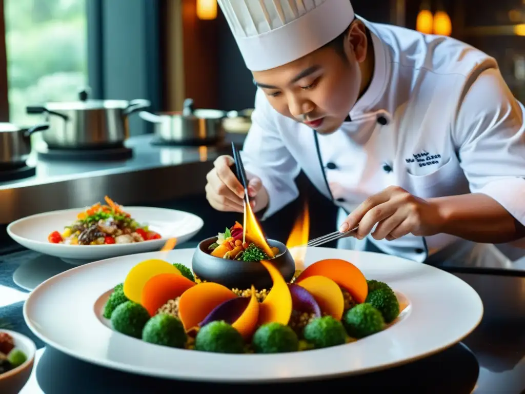 Un chef en un restaurante asiático de alta gama crea un plato artístico con técnicas innovadoras de Restaurantes Estrellas Michelin asiáticos