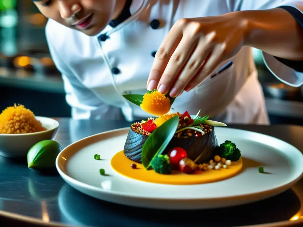 Un chef en un restaurante asiático de alta gama coloca ingredientes inusuales en un plato exquisito, mostrando su meticulosidad y arte culinario