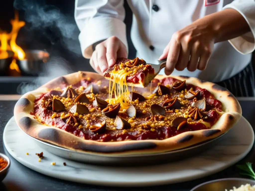 Un chef esparciendo chile rojo sobre una pizza recién horneada, fusionando especias asiáticas en platos occidentales