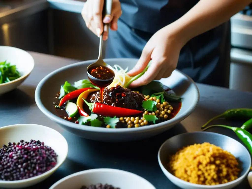 Un chef preparando una salsa asiática umami picante con chiles frescos, salsa de soja y especias aromáticas en una cocina bulliciosa