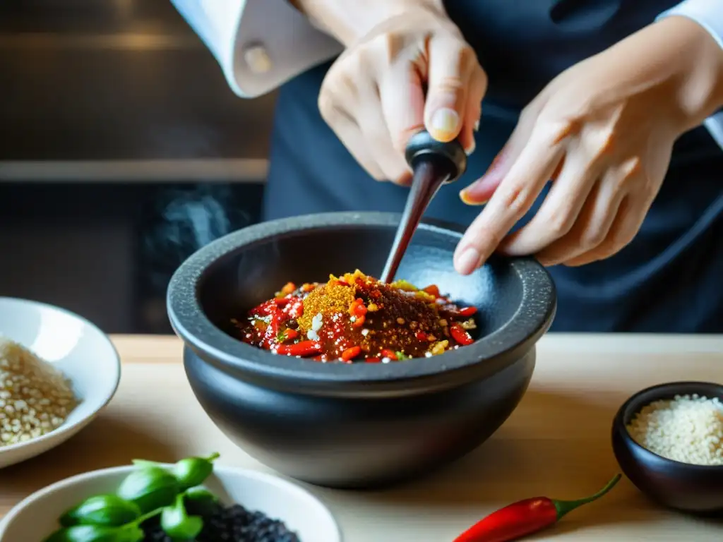 Un chef preparando salsas asiáticas umami picante con ingredientes frescos y coloridos, capturando la esencia artesanal y meticulosa