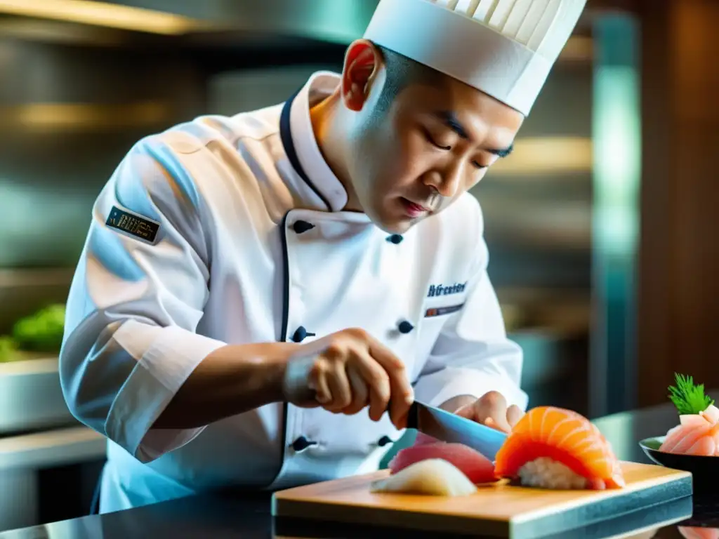 Un chef sereno corta sashimi con precisión en Lung King Heen, un restaurante con estrellas Michelin en Asia