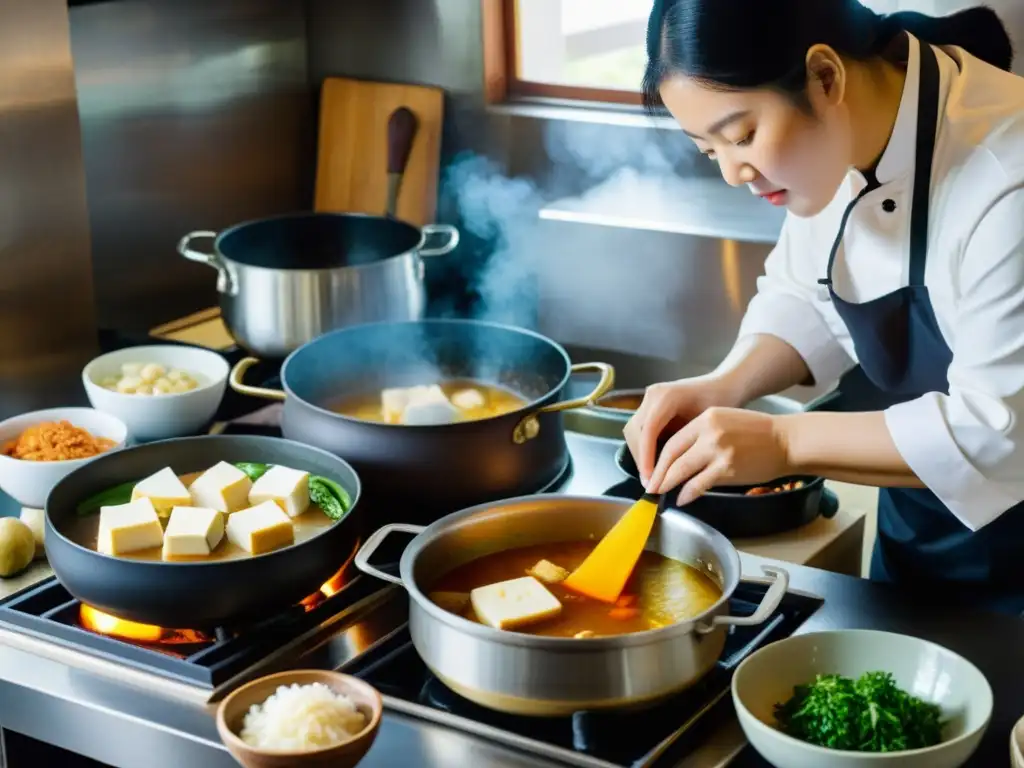 Un chef preparando Sopa de Tofu Coreana en una cocina tradicional, evocando tradición y autenticidad