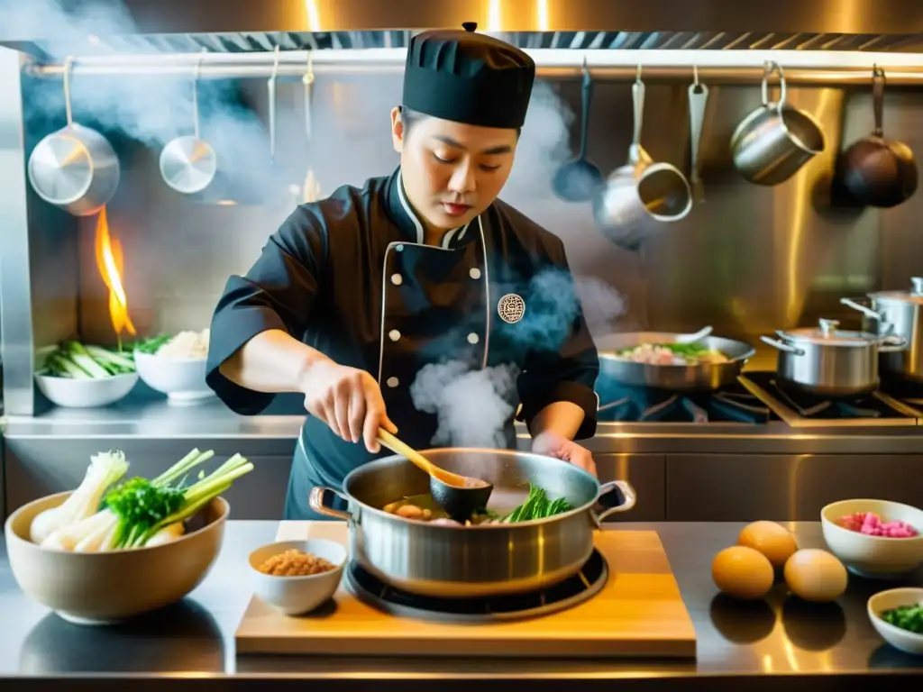 Un chef prepara sopa de huesos de res coreana en una cocina tradicional coreana llena de ingredientes frescos y un ambiente cálido