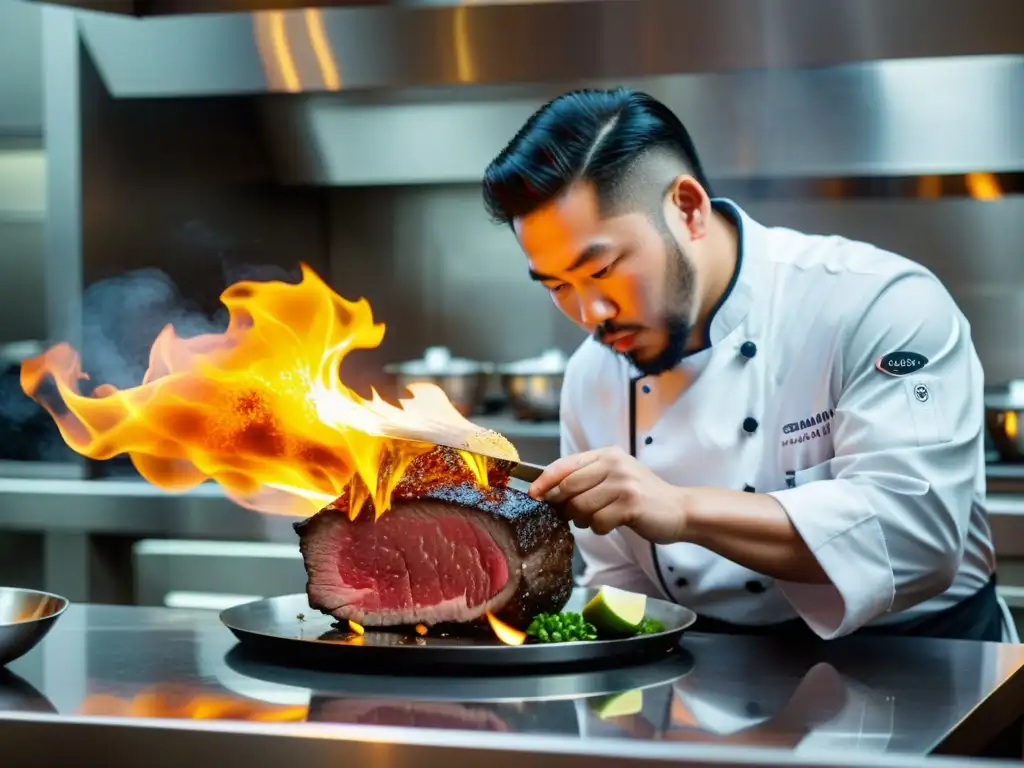 Chef hábil usando soplete para cocinar Wagyu con ingredientes inusuales en restaurante asiático