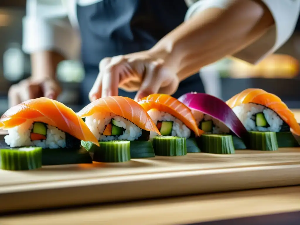 Un chef de sushi crea adaptaciones creativas del sushi en un ambiente moderno y vibrante