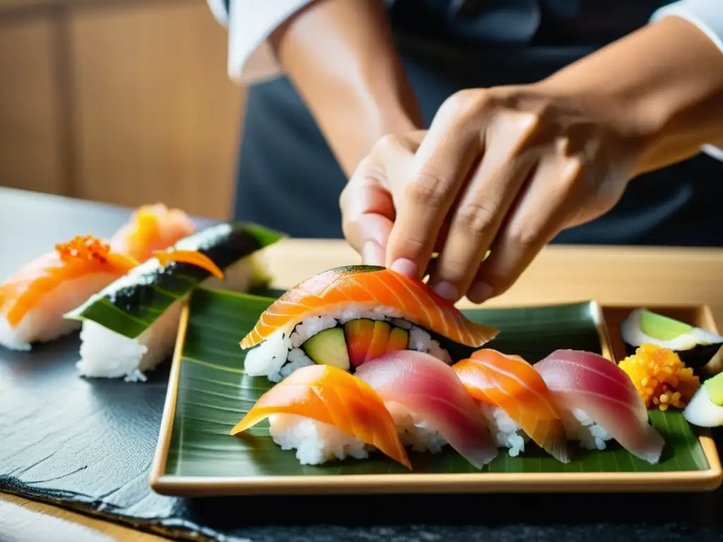 Un chef de sushi crea con precisión adaptaciones creativas del sushi, mostrando habilidad y arte en cada pieza