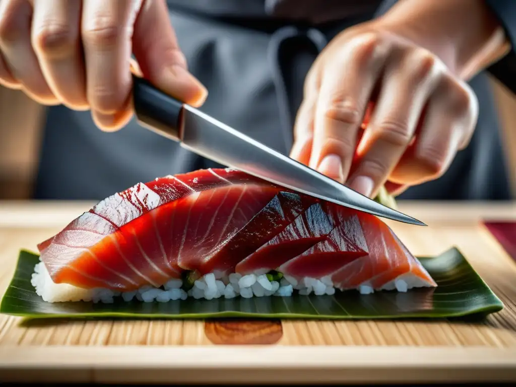 Un chef de sushi corta hábilmente un fresco y vibrante atún sashimi, capturando la esencia de los bocados asiáticos en bares occidentales