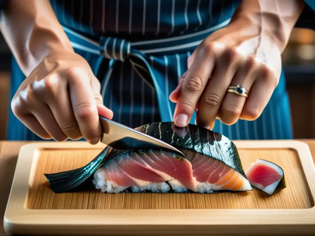 Chef de sushi corta con precisión un atún azul brillante en restaurante asiático con estrellas Michelin