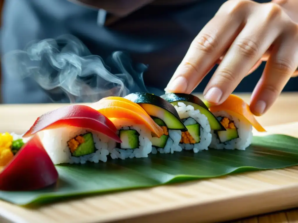 Un chef de sushi experto crea adaptaciones creativas del sushi con precisión y arte, destacando la belleza y sabor del plato japonés