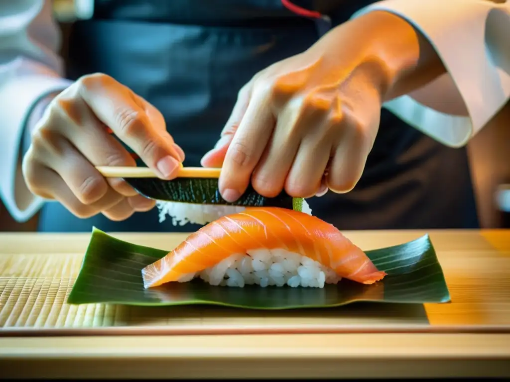 Un chef de sushi experto creando platos icónicos en un restaurante estrella Michelin, destacando la maestría culinaria asiática