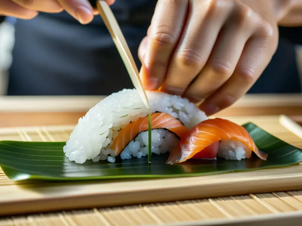 Un chef de sushi experto prepara con precisión un nigiri en un restaurante con Estrellas Michelin, mostrando la delicadeza de la cocina asiática