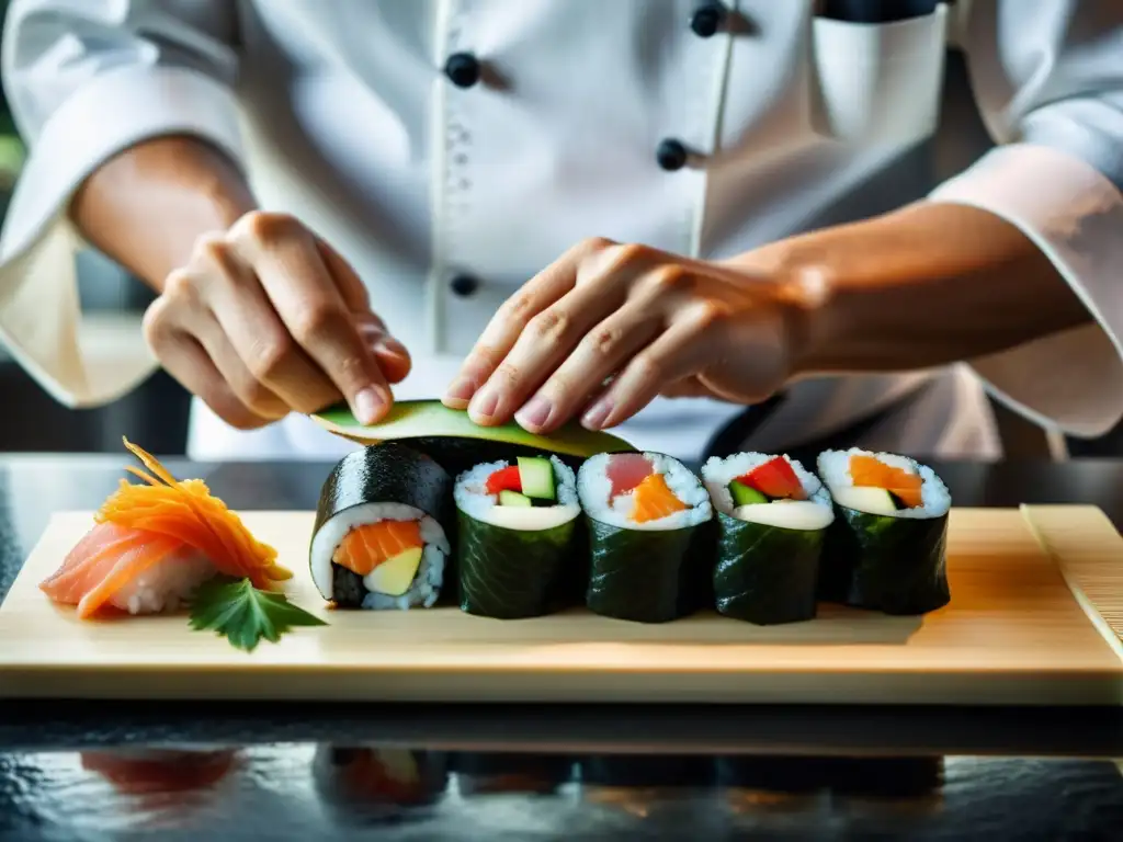 Un chef prepara sushi con maestría, mostrando la influencia del arte culinario asiático en la gastronomía occidental