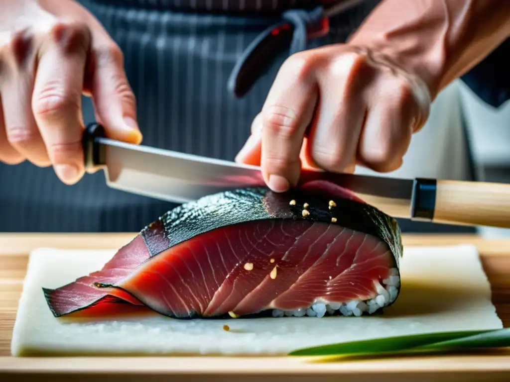 Un chef de sushi japonés corta magistralmente atún fresco en rodajas uniformes