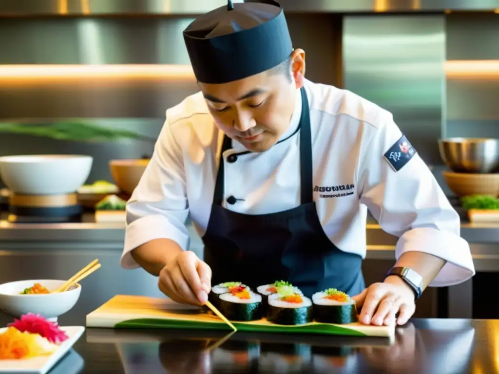 El chef Nobu Matsuhisa prepara sushi con precisión y pasión, reflejando la filosofía culinaria de Nobu Matsuhisa