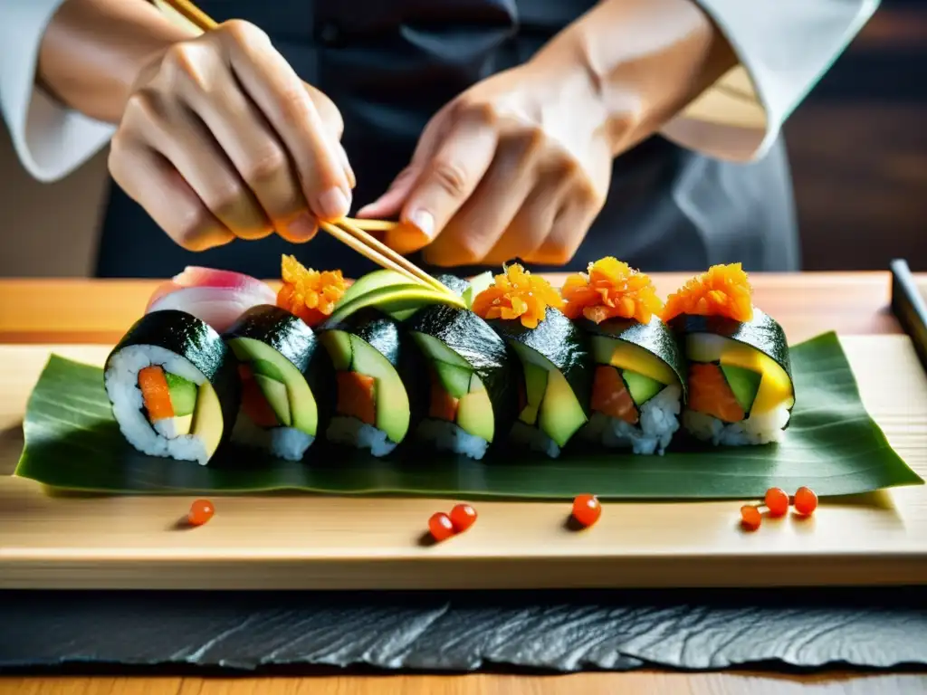 Un chef de sushi prepara con precisión un rollo innovador, destacando la creatividad y precisión en las adaptaciones creativas del sushi