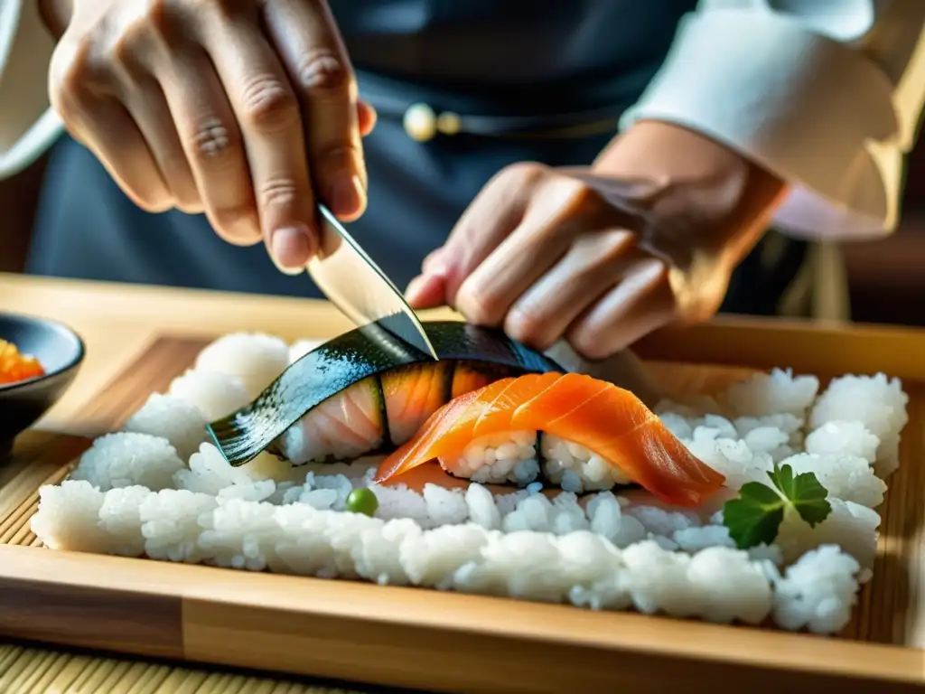 Un chef de sushi en un restaurante con Estrellas Michelin en Asia preparando meticulosamente nigiri sushi con precisión y arte