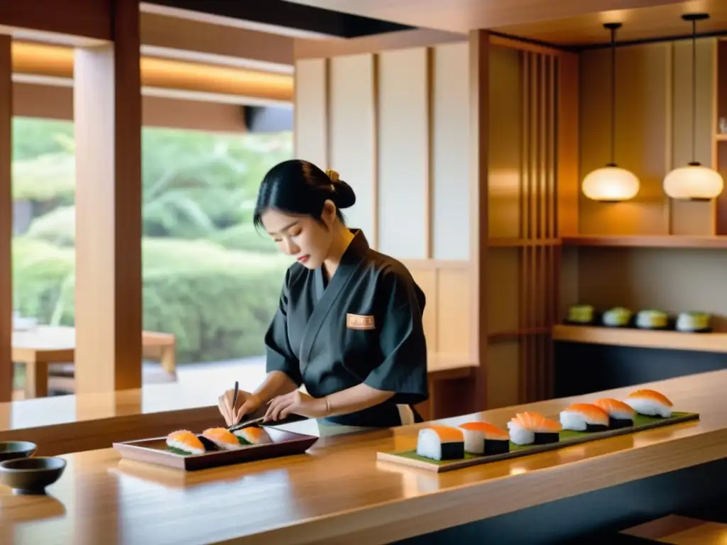 Un chef de sushi prepara nigiri y sopa miso en un restaurante japonés sereno y minimalista