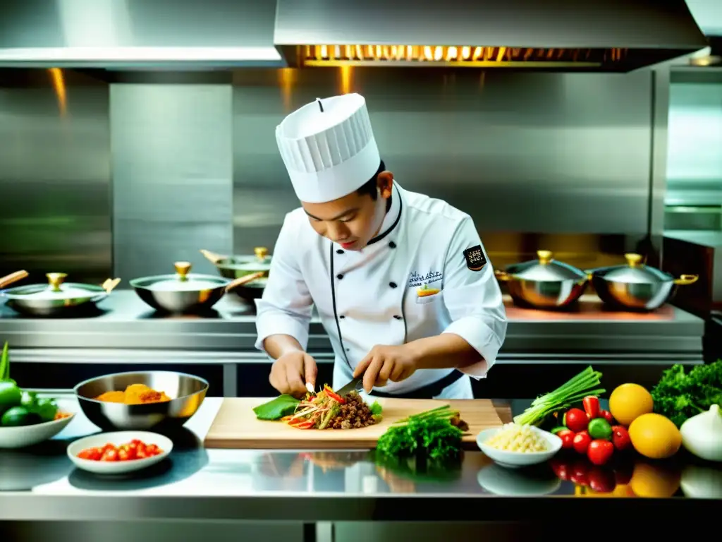 Un chef tailandés preparando con precisión en una cocina moderna