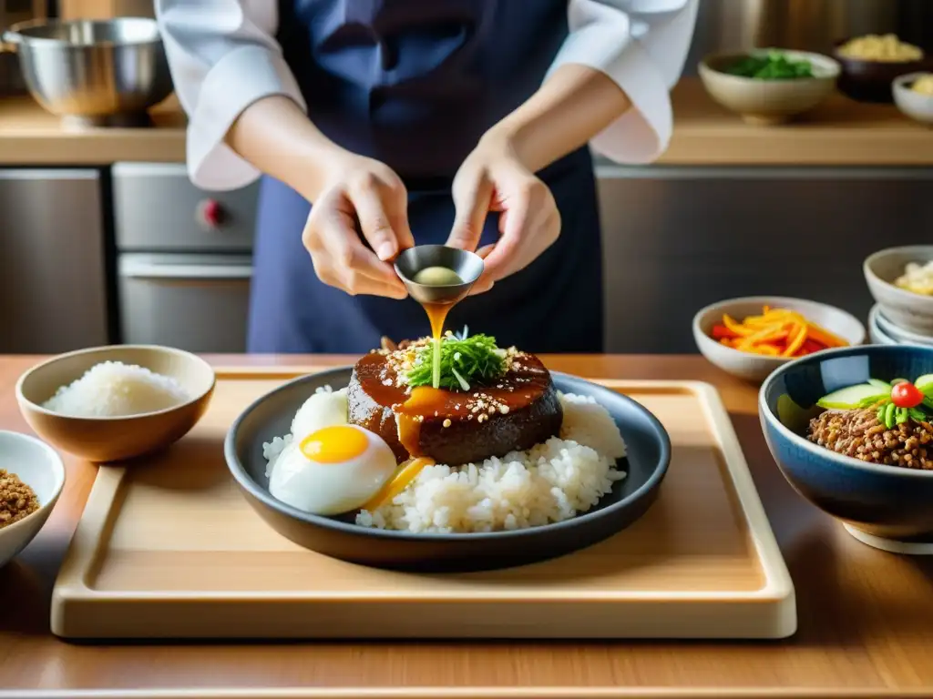 Un chef prepara un tradicional plato coreano en una cocina tradicional, iluminada con ingredientes vibrantes