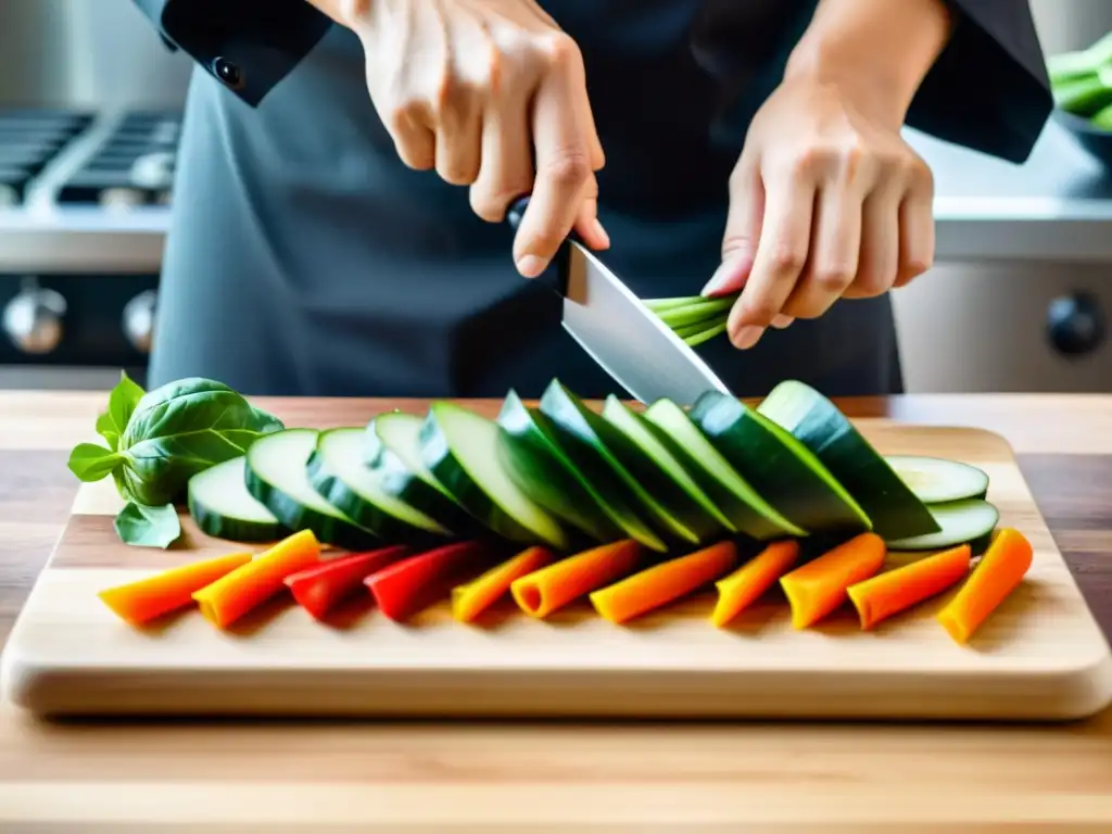 Un chef vegetariano experto corta vegetales frescos en un curso exclusivo de cocina vegetariana asiática