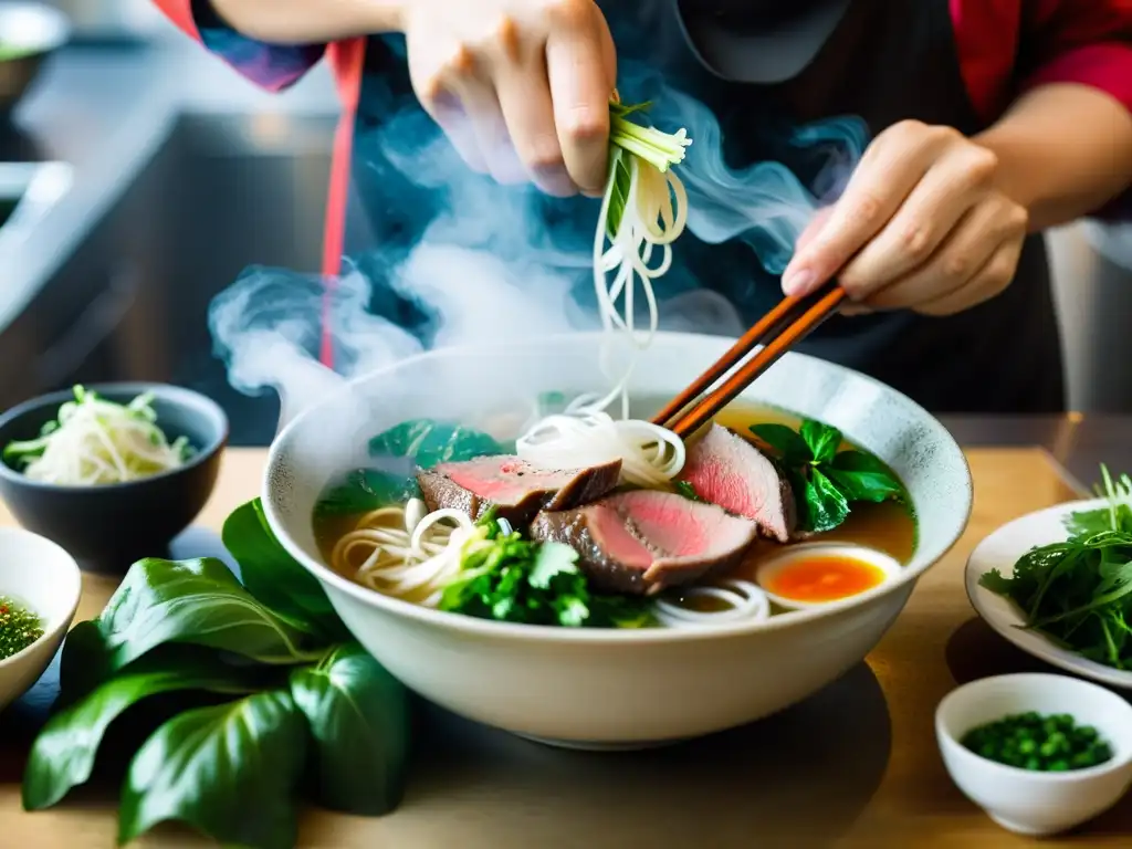 Un chef vietnamita preparando pho con maestría en una cocina aromática y bulliciosa