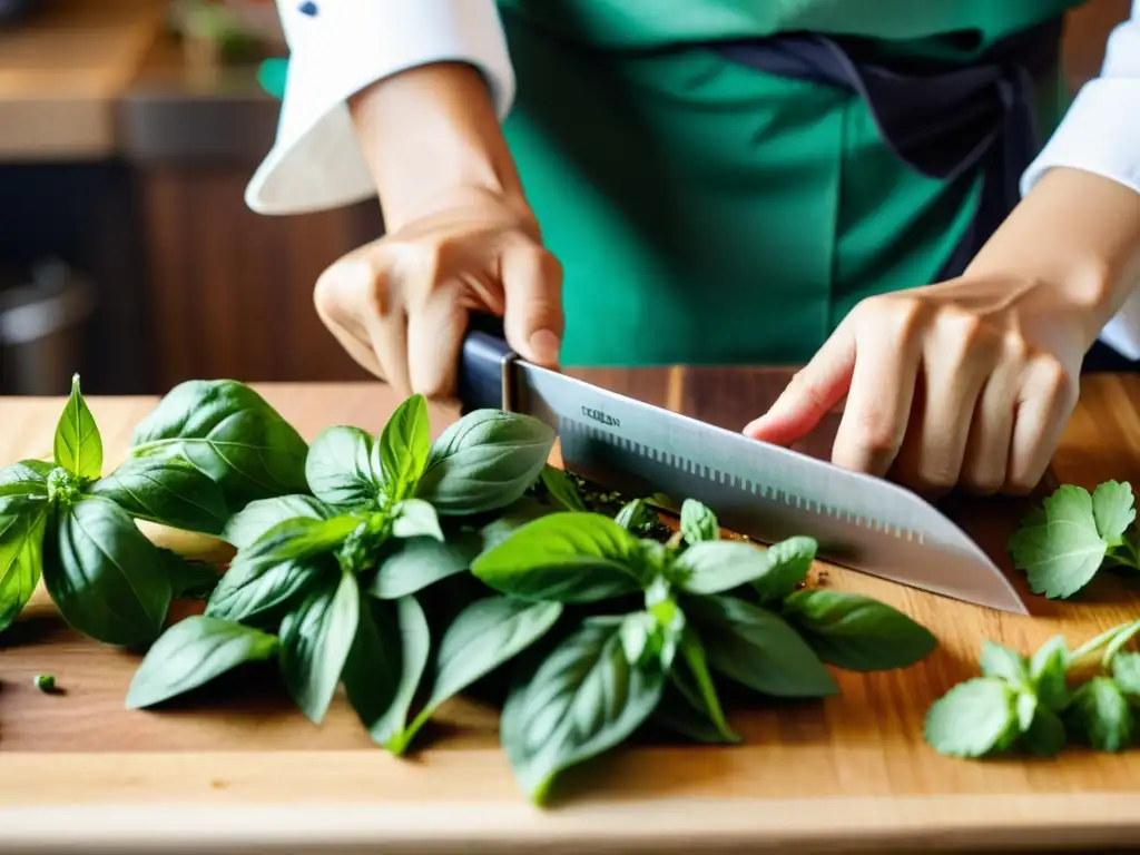 Un chef vietnamita corta con precisión hierbas frescas en una tabla de cortar de madera, destacando la rica tradición culinaria vietnamita