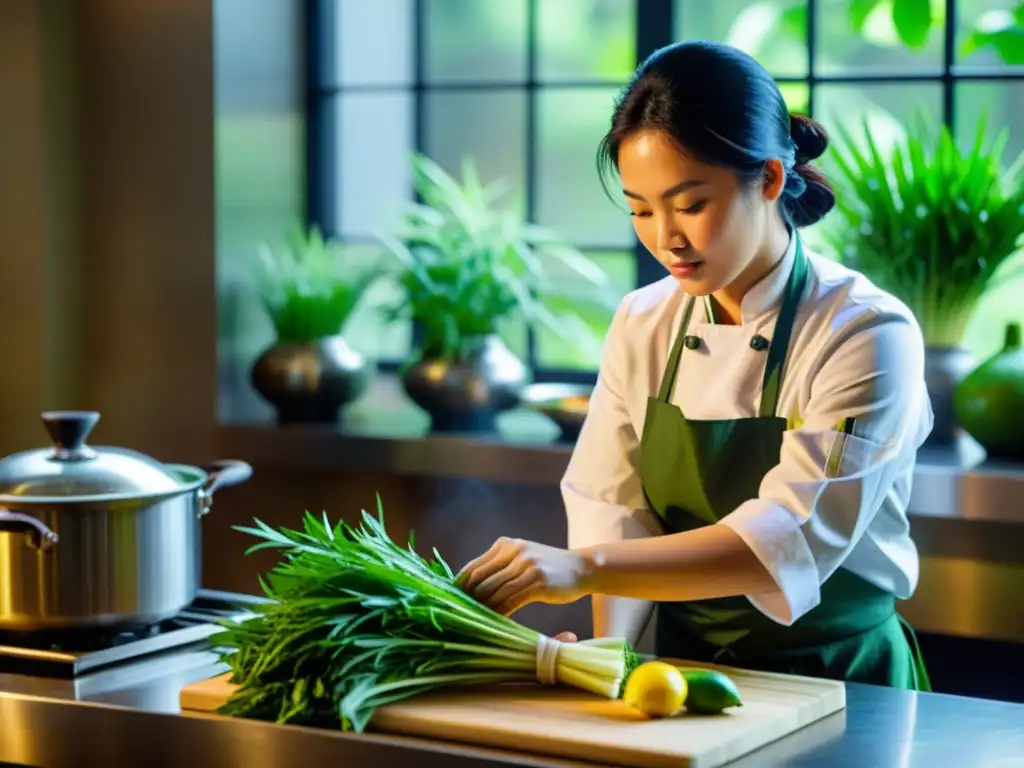 Un chef vietnamita corta hierbas frescas y limoncillo para una deliciosa receta