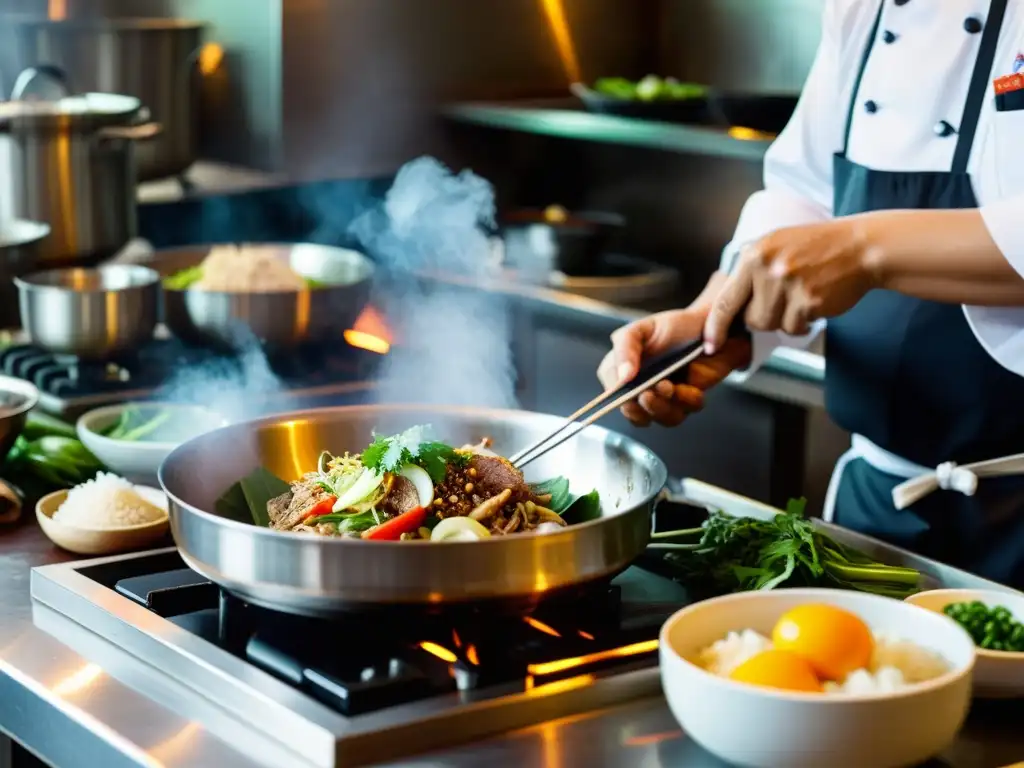 Un chef vietnamita prepara plato tradicional en una cocina bulliciosa