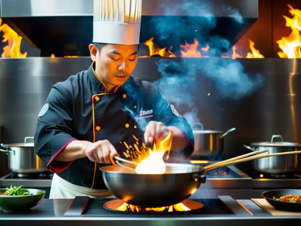 Un chef hábil maniobra un wok sobre una llama, creando un espectáculo de chispas y ingredientes