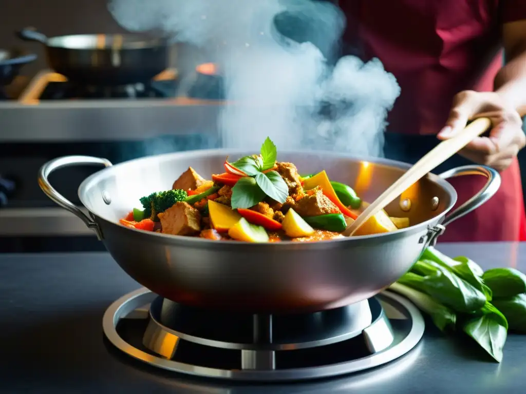 Un chef prepara curry tailandés en un wok, mezclando sabores dulces y picantes en cocina asiática