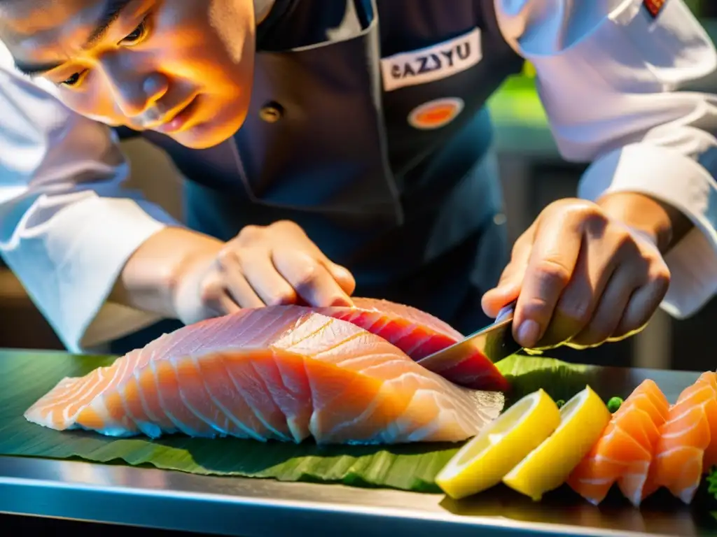 El chef Zaiyu Hasegawa corta sashimi con precisión y destreza, destacando sus habilidades en la cocina asiática estrellas michelin chefs