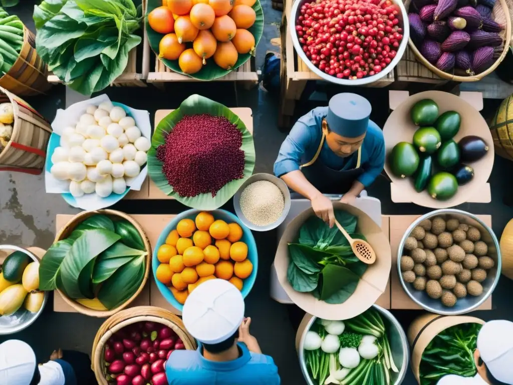 Chefs asiáticos seleccionando ingredientes frescos en un bullicioso mercado al aire libre, reflejando la cocina sostenible y de lujo en Asia